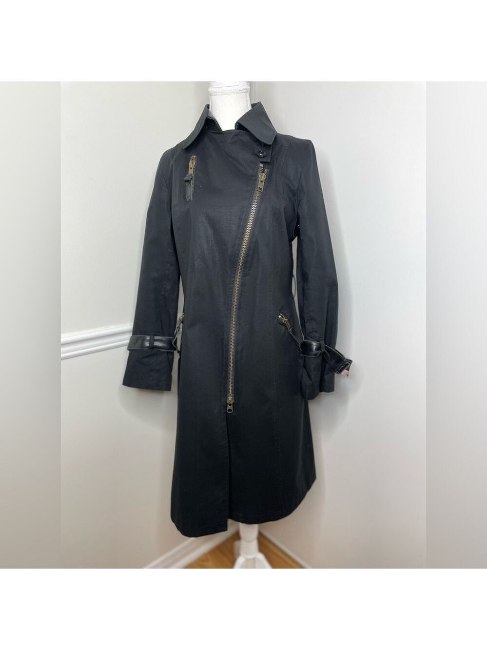 Mackage Asymmetrical Moto Trench Coat with Leather Trim M